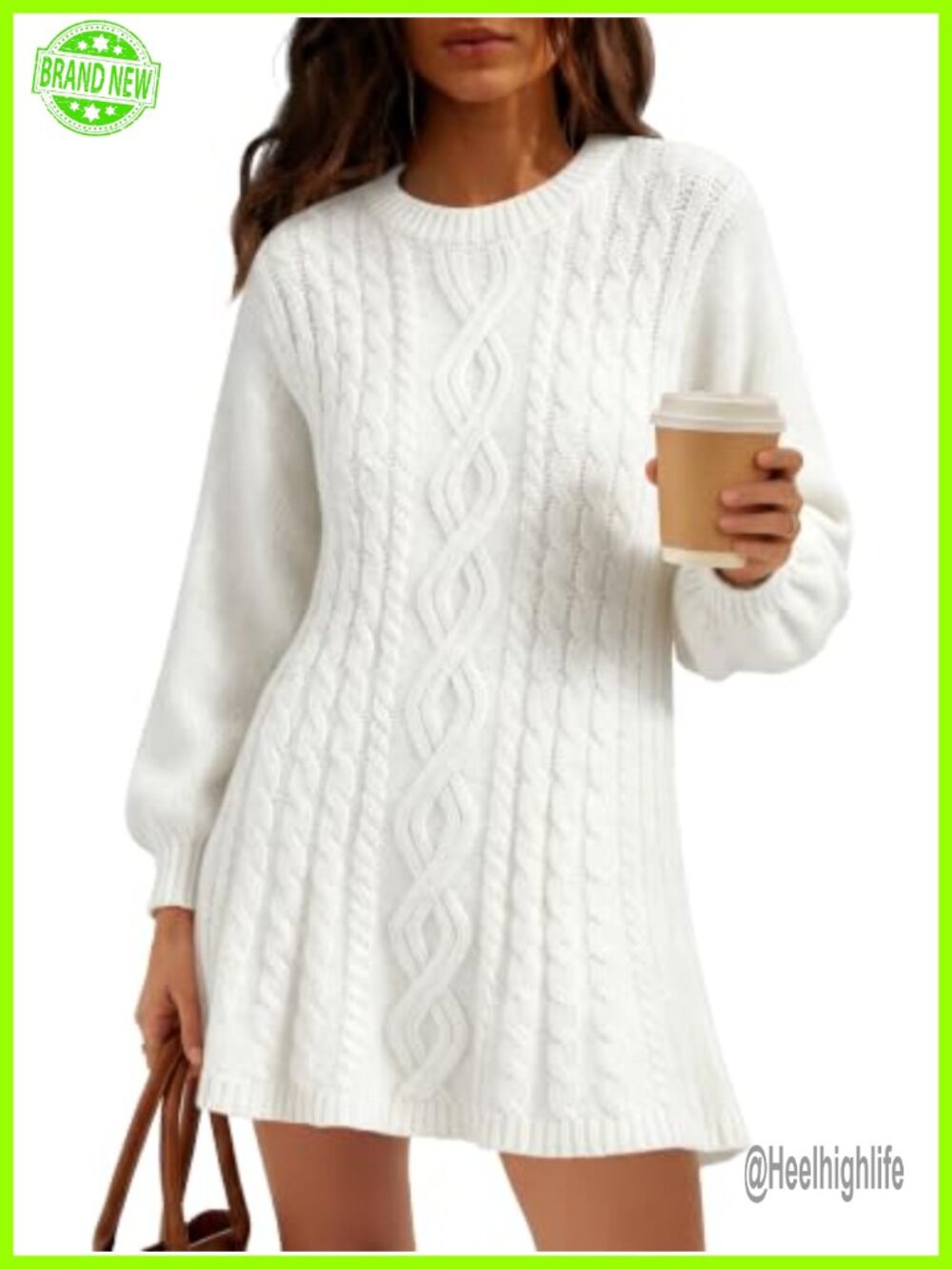 Cable Knit Sweater Dress Cotton Acrylic Lantern Sleeve Fall